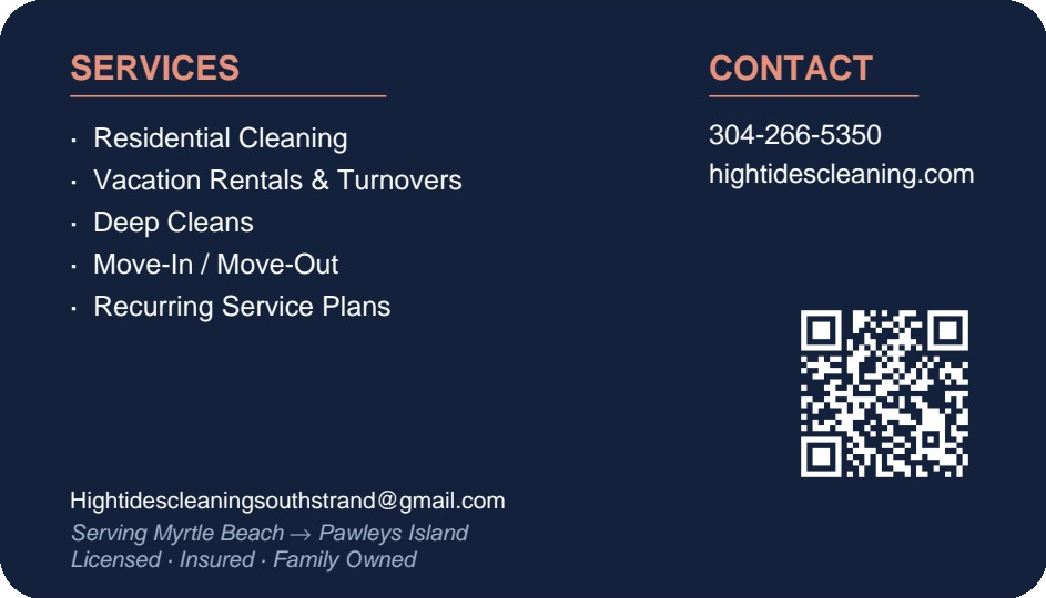 High Tides Cleaning navy business card back with services, contact, and QR code