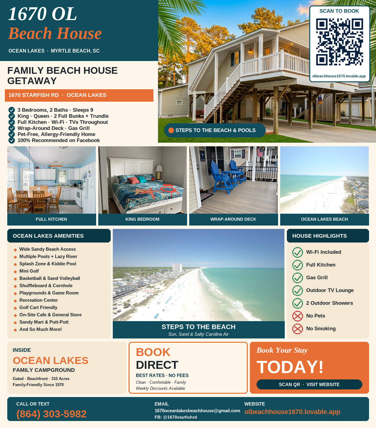 Ocean Lakes Beach House promotional flyer with scan-to-book QR code